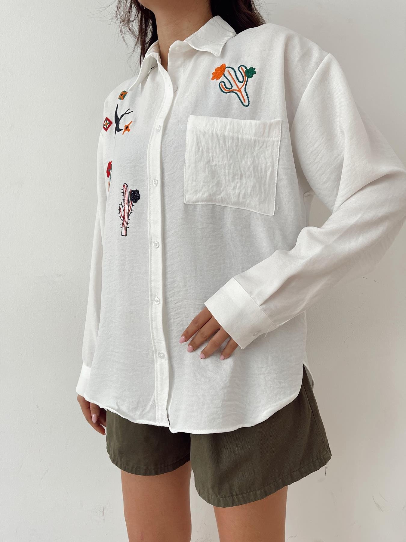 Nakışlı Keten Gömlek BEYAZ