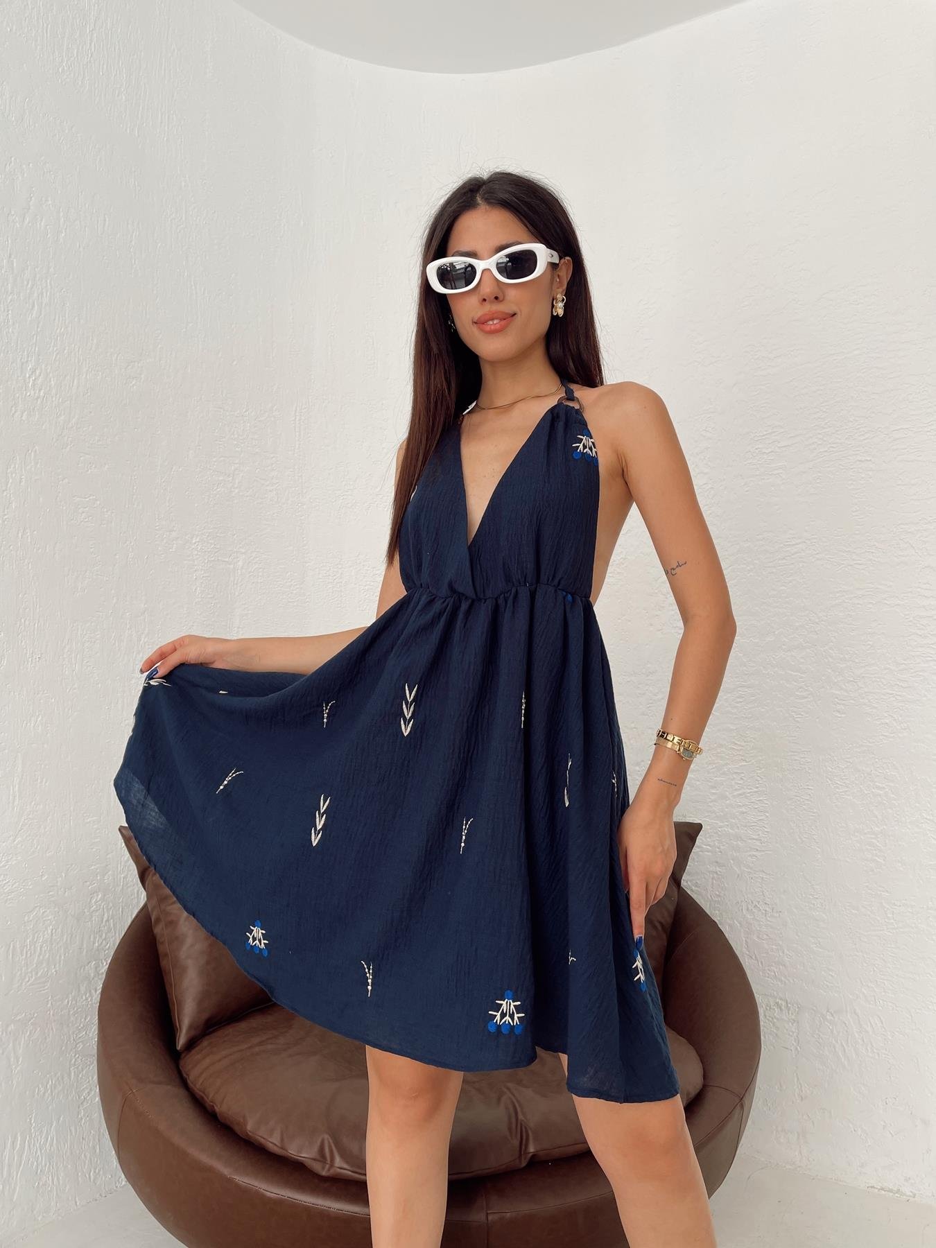 Nakışlı Keten Mini Elbise LACİVERT