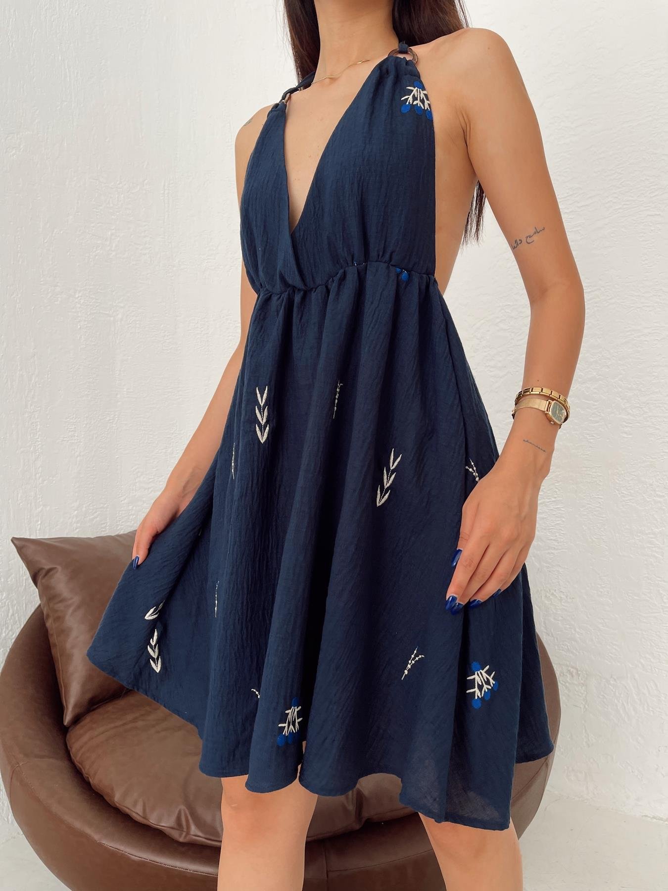 Nakışlı Keten Mini Elbise LACİVERT