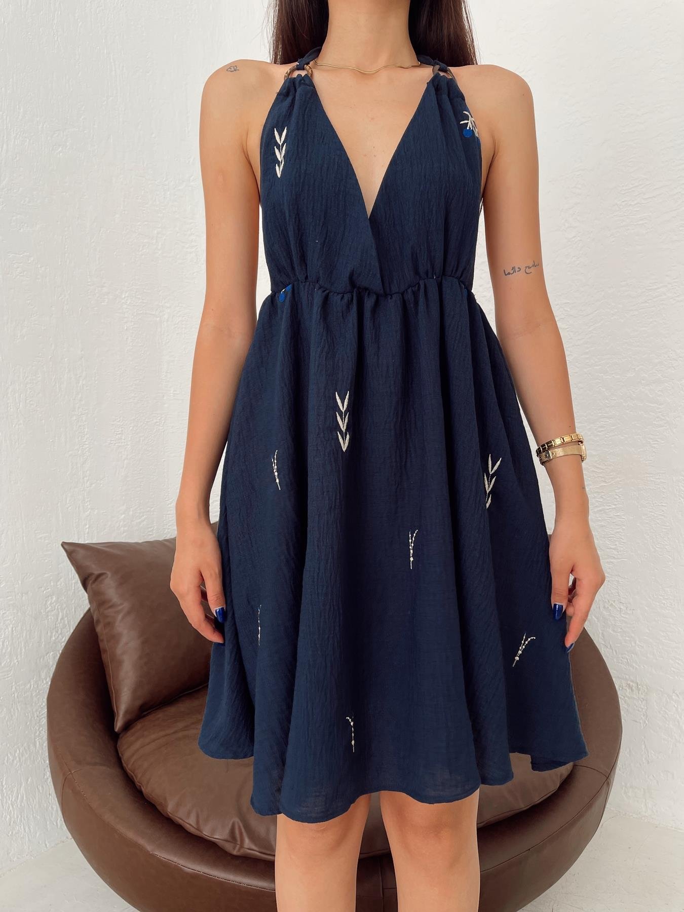 Nakışlı Keten Mini Elbise LACİVERT