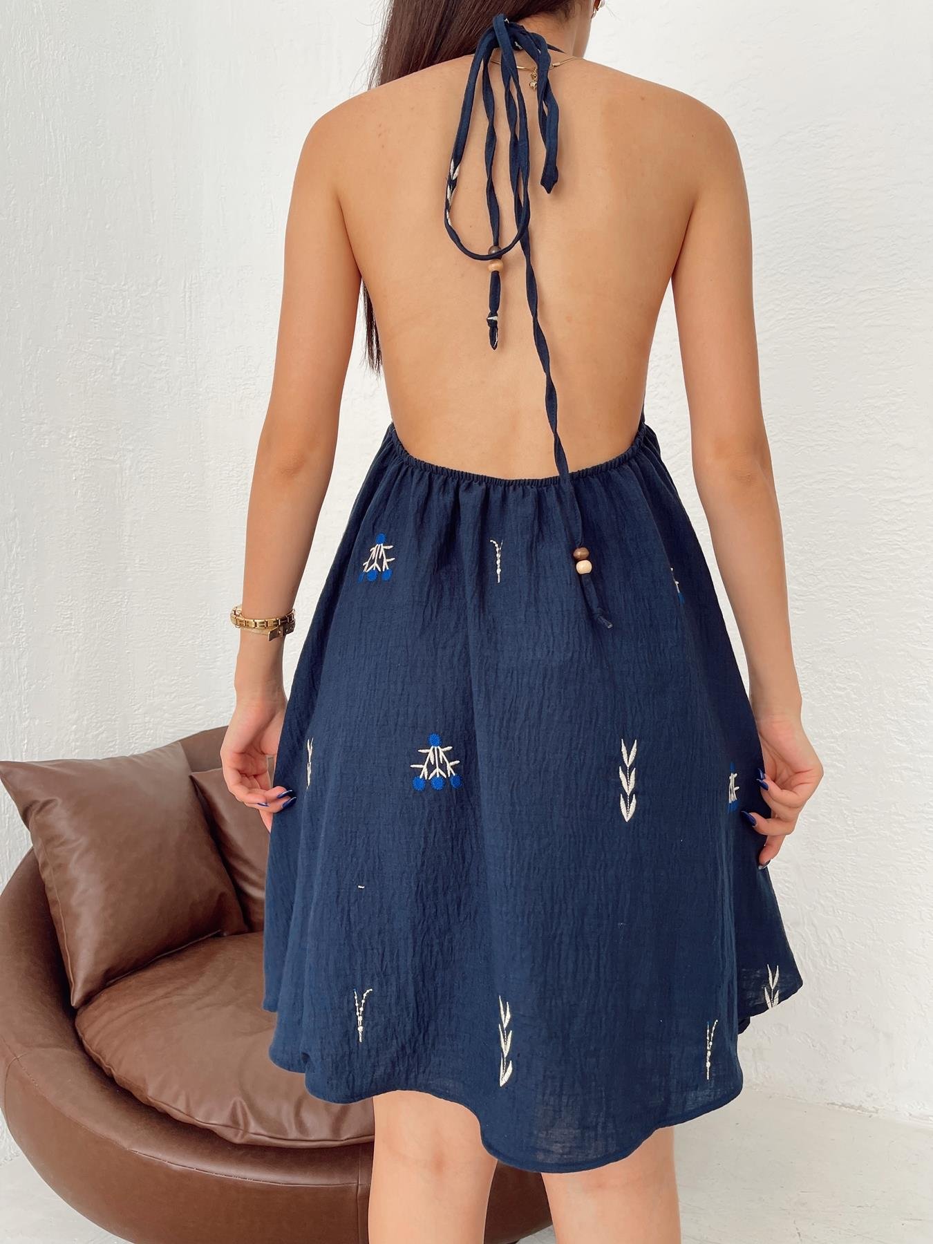 Nakışlı Keten Mini Elbise LACİVERT
