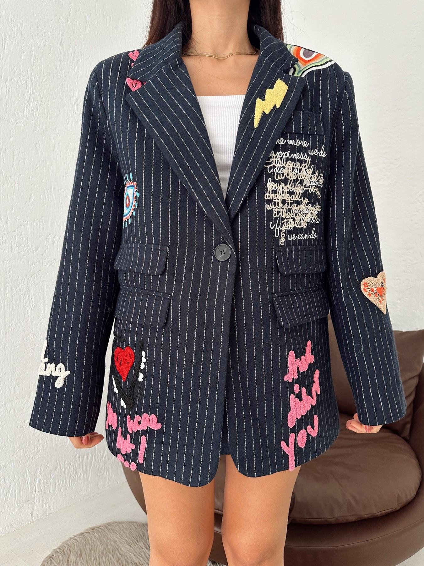 Nakışlı Oversize Ceket LACİVERT