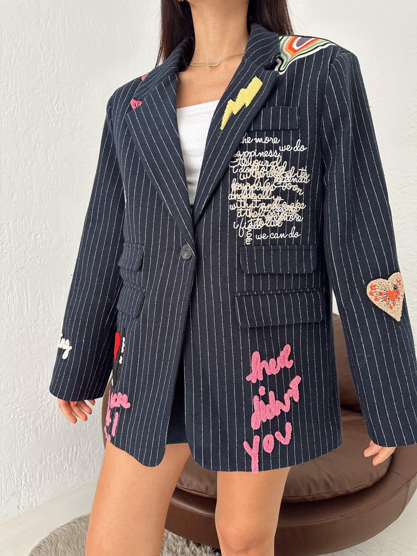 Nakışlı Oversize Ceket LACİVERT