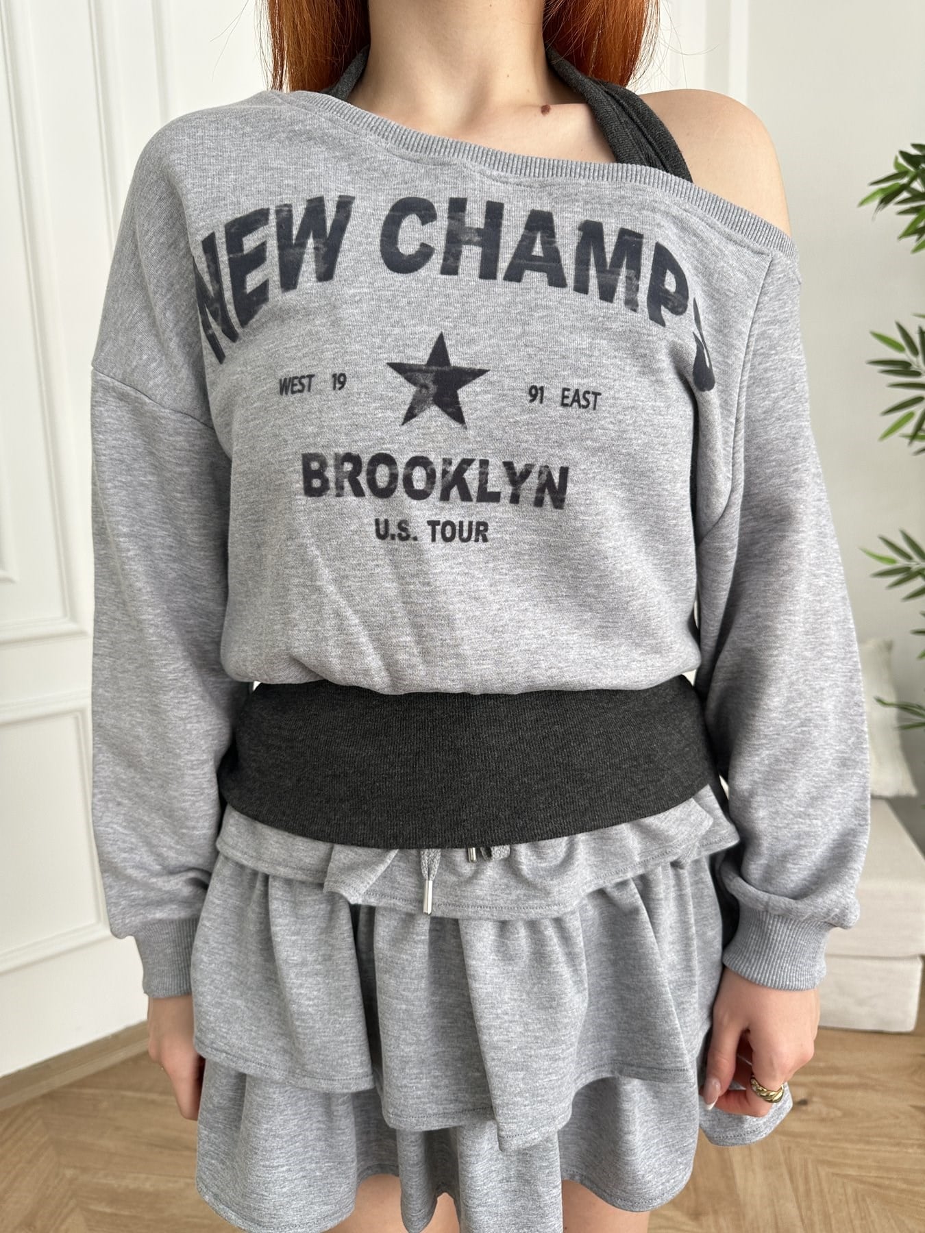 New Champs Baskılı Double Sweatshirt Gri melanj