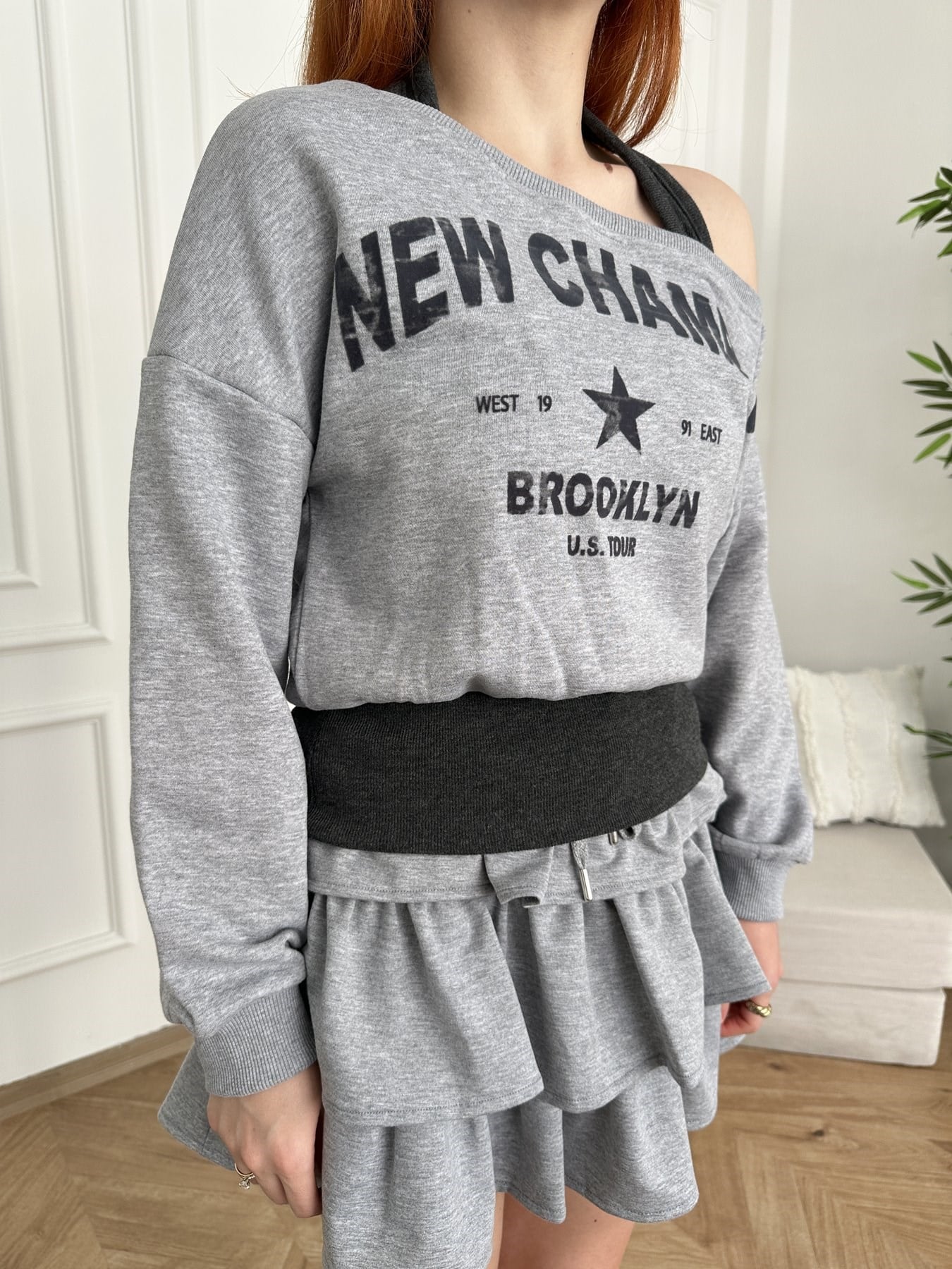New Champs Baskılı Double Sweatshirt Gri melanj