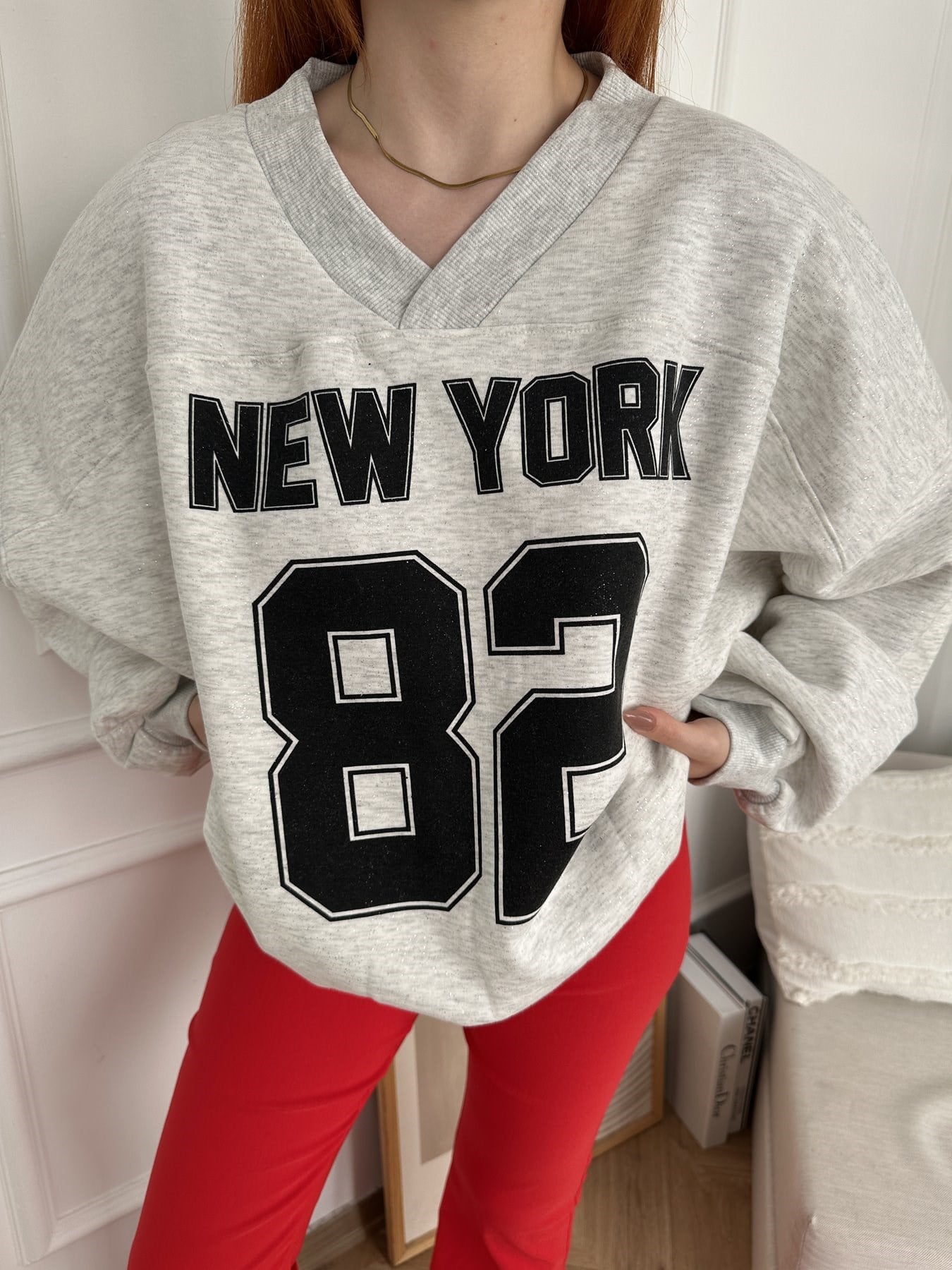 New York 82 Baskılı Oversize Sweatshirt Gri-gümüş