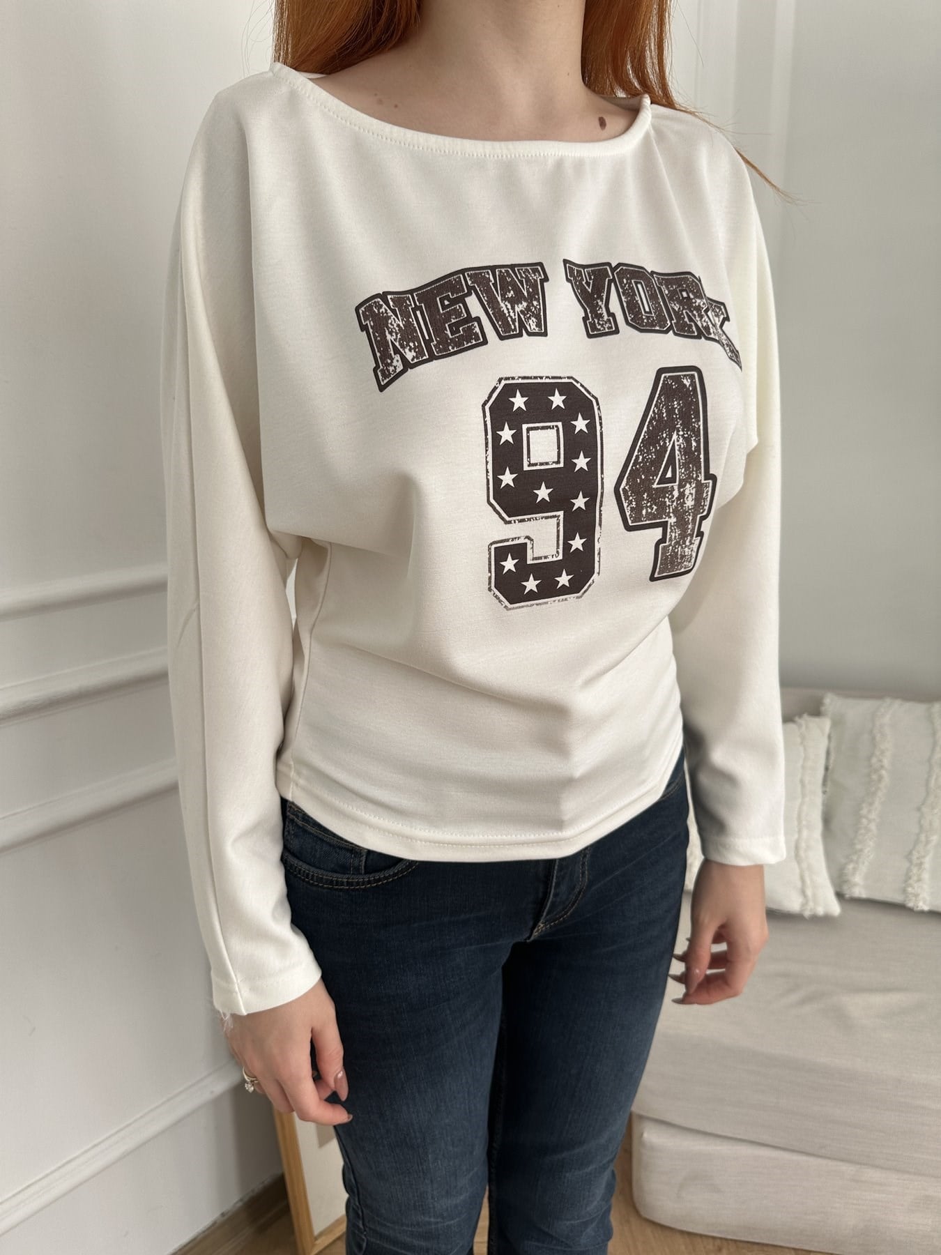 New York 94 Baskılı Sweatshirt Ekru