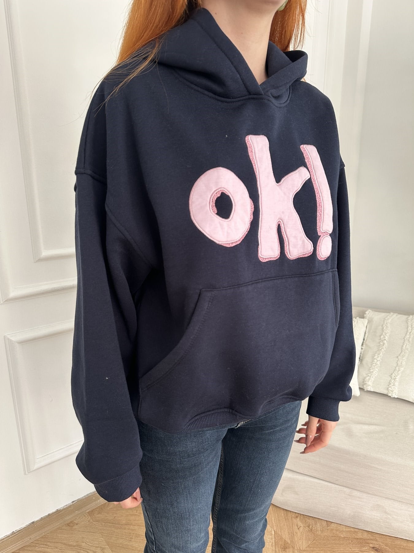 Ok Aplikeli Kapşonlu Sweatshırt Lacivert
