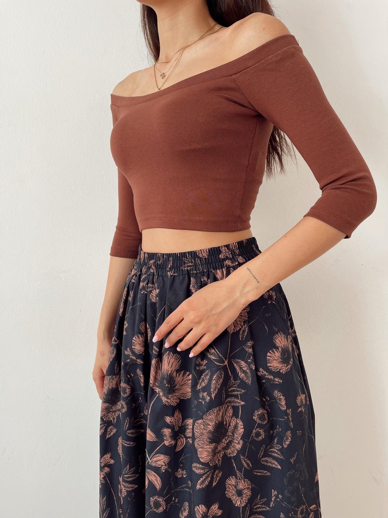 Omuzları Açık Top KAHVE