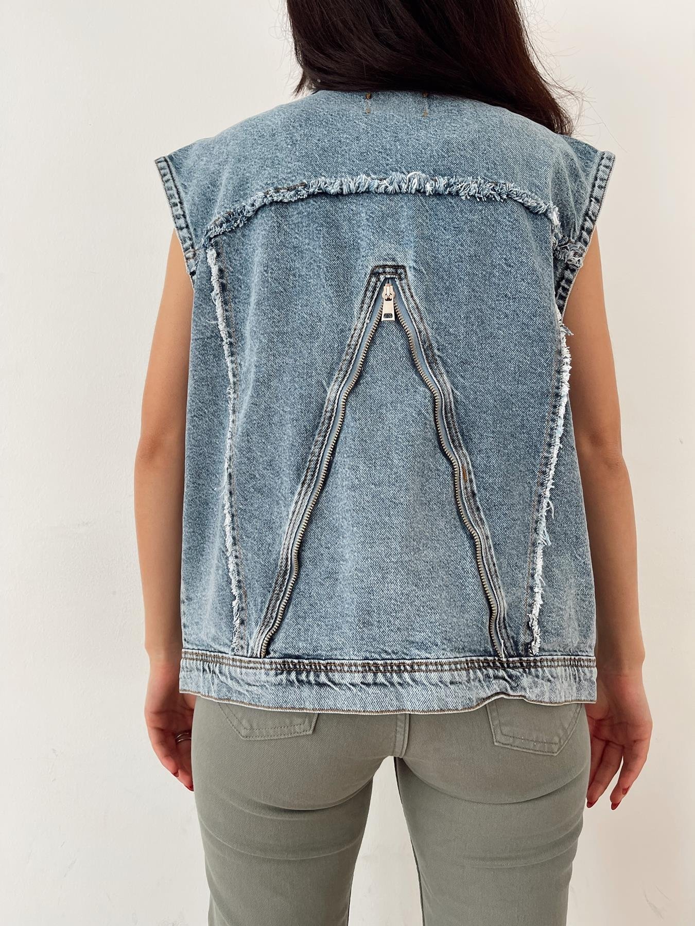Ön Arka Fermuar Detaylı Jean Yelek MAVİ