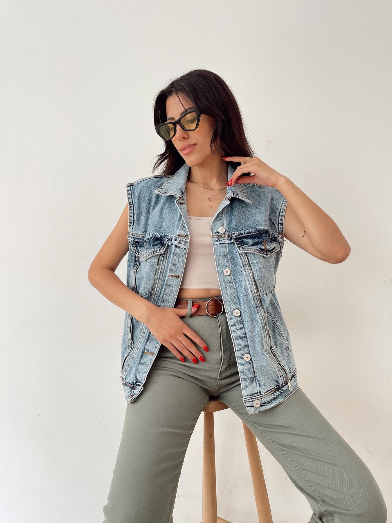 Ön Arka Fermuar Detaylı Jean Yelek MAVİ