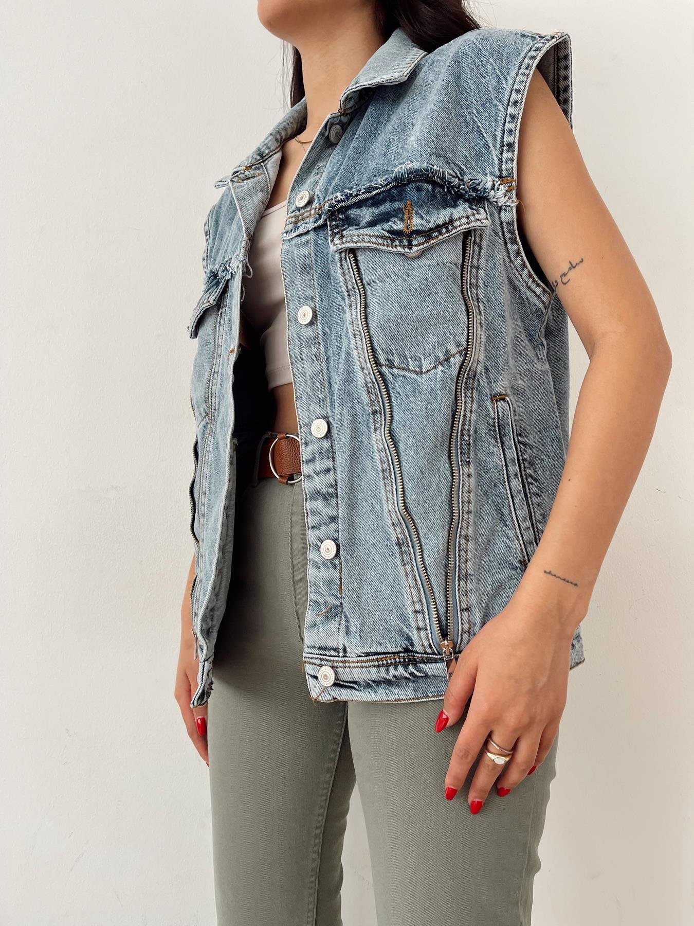 Ön Arka Fermuar Detaylı Jean Yelek MAVİ