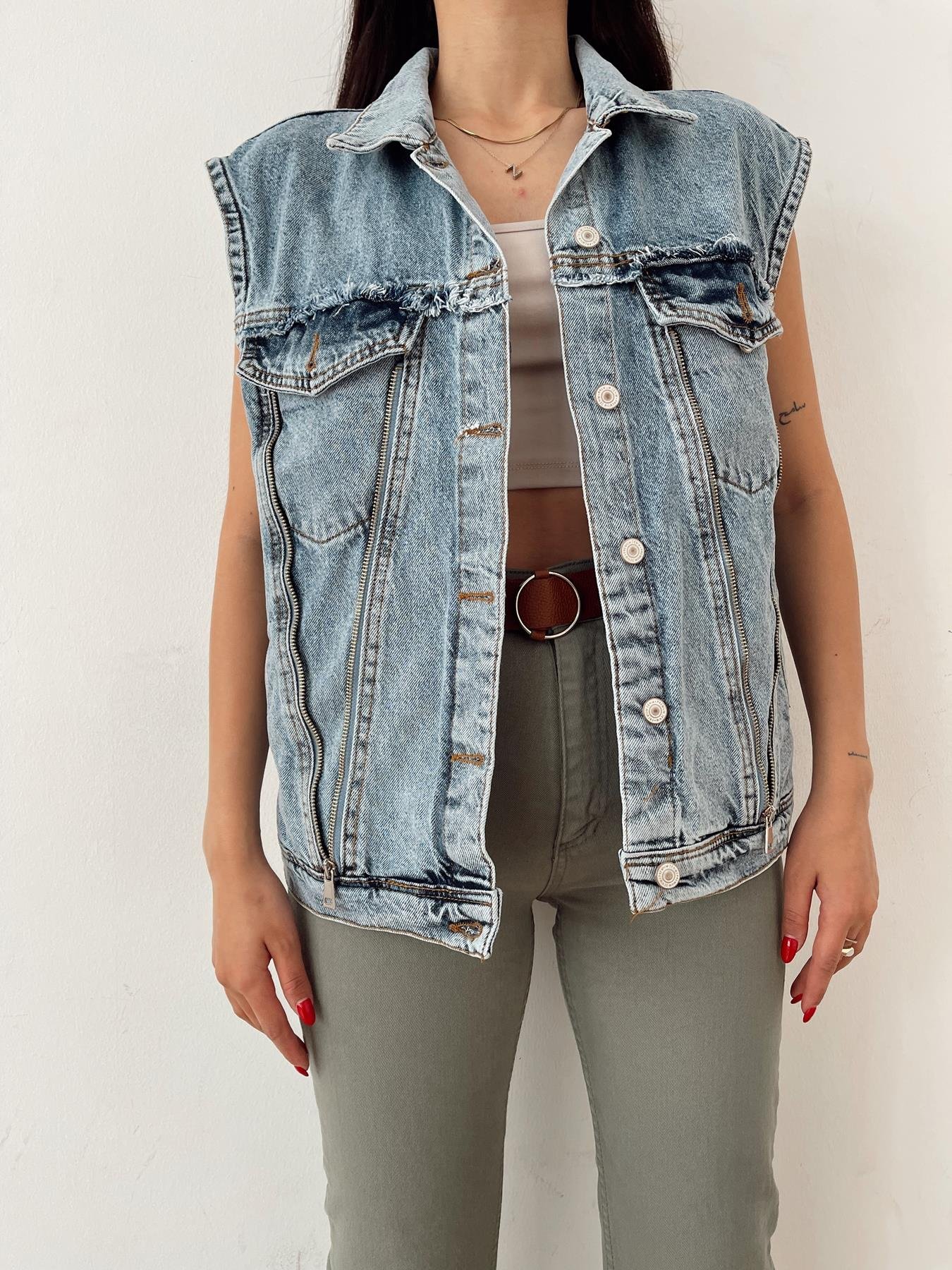 Ön Arka Fermuar Detaylı Jean Yelek MAVİ