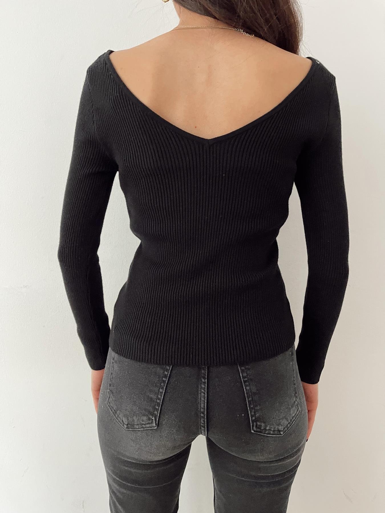 Ön Arka V Yaka Fitilli Kazak SİYAH