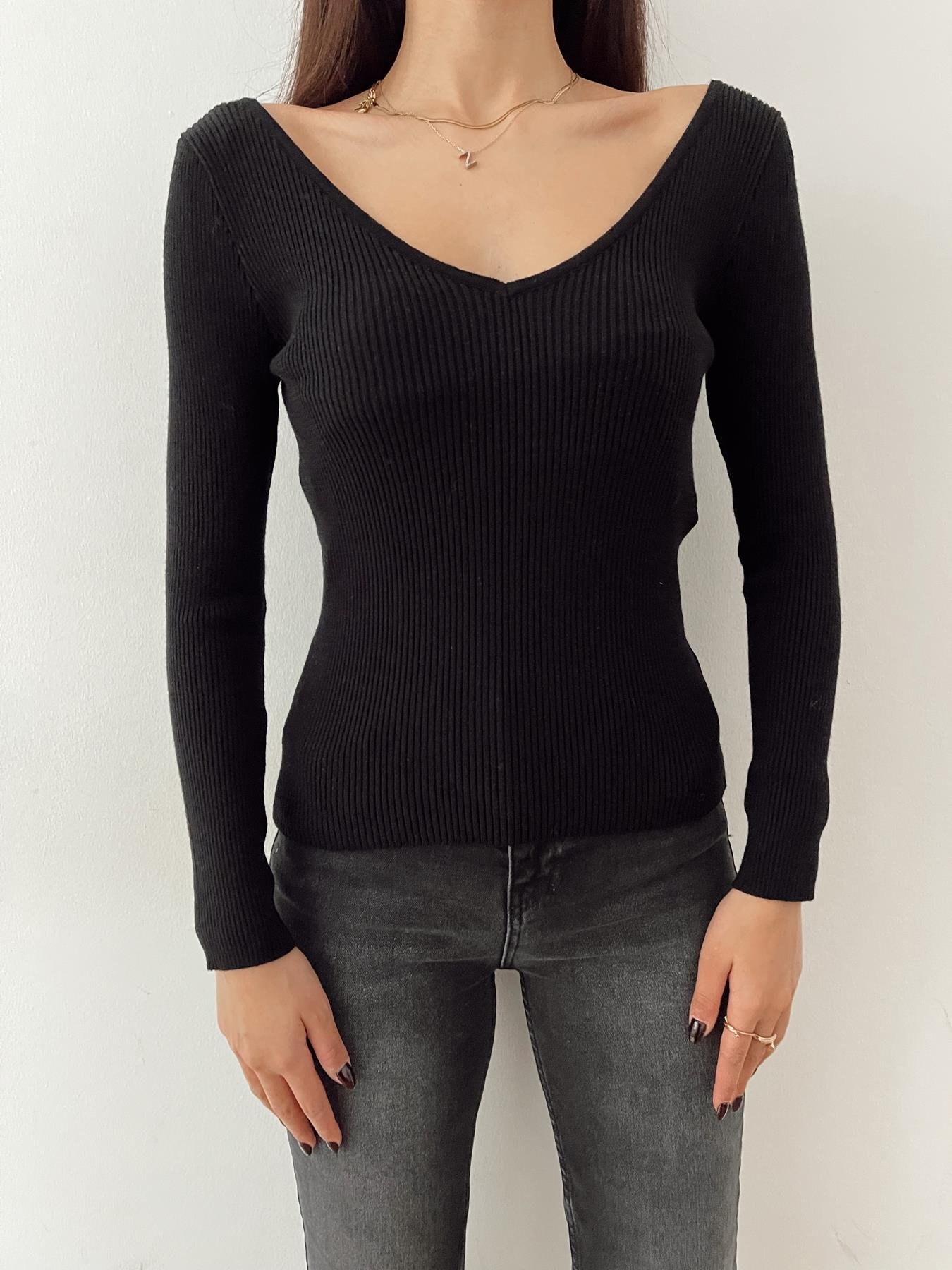 Ön Arka V Yaka Fitilli Kazak SİYAH