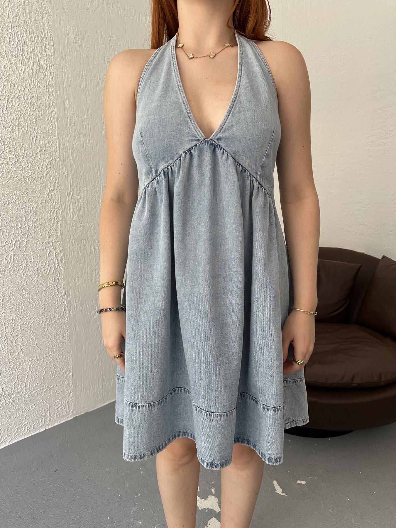 Önü Büzgülü Mini Elbise Mavi