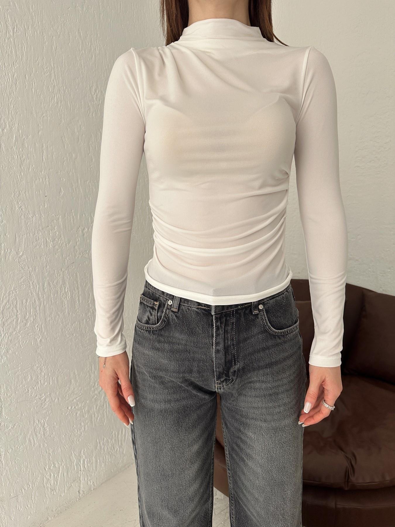 Önü Büzgülü Uzun Kol Bluz EKRU