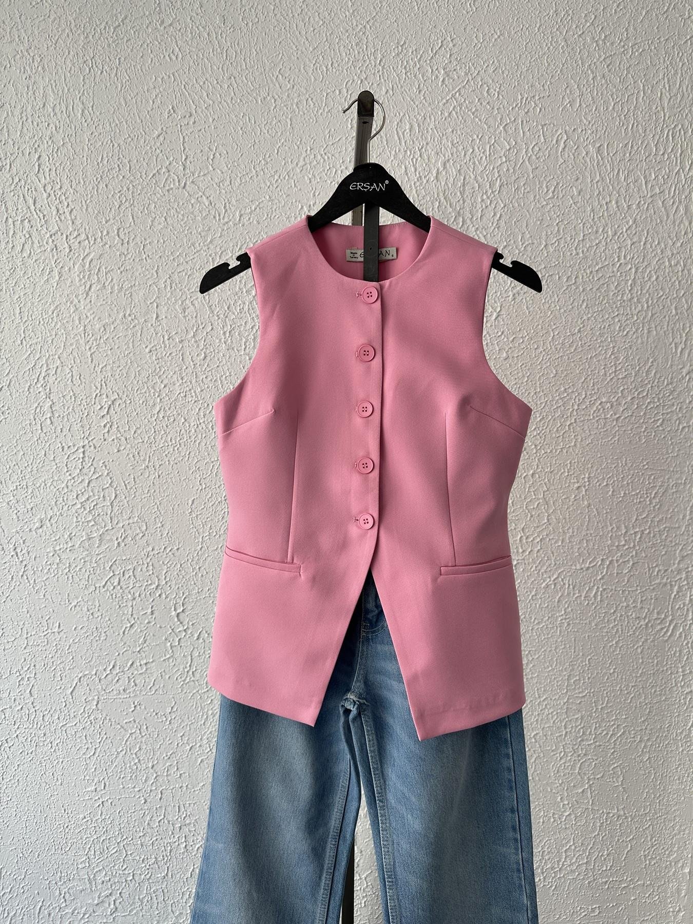 Önü Düğmeli Yelek Pembe