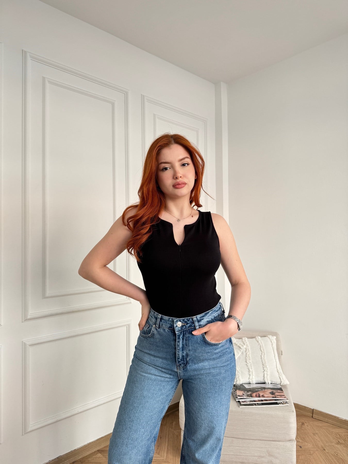 Önü Fermuarlı Bluz Siyah