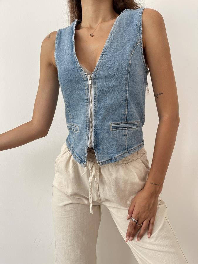 Önü Fermuarlı Jean Yelek MAVİ