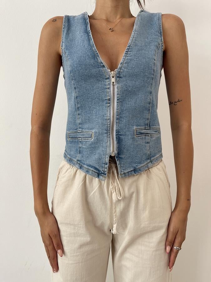 Önü Fermuarlı Jean Yelek MAVİ