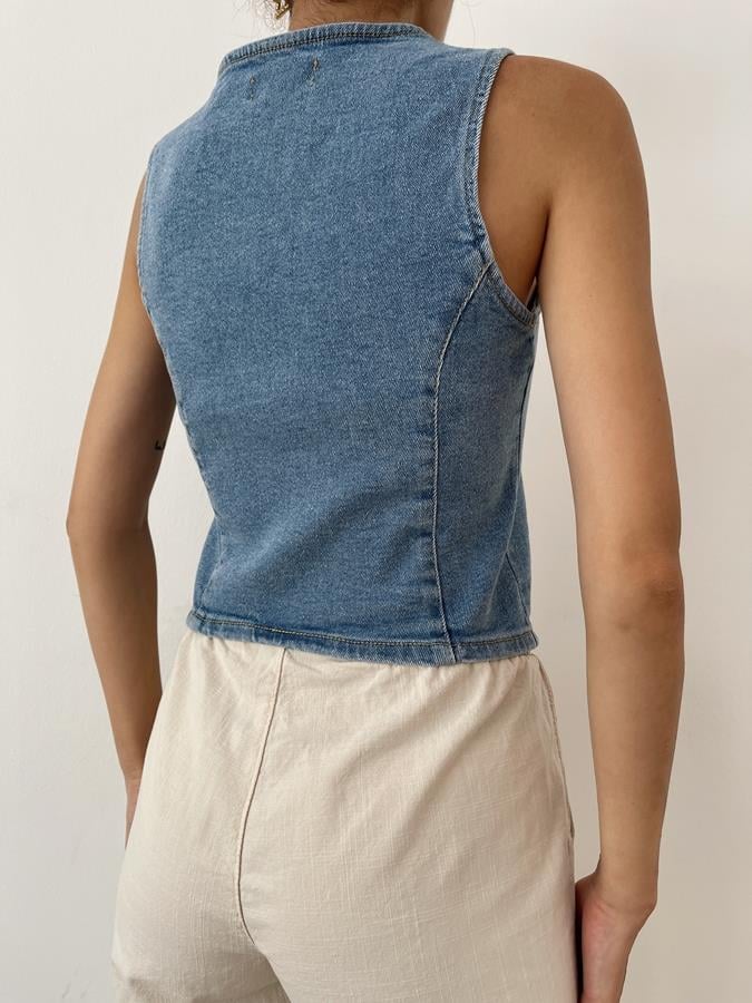 Önü Fermuarlı Jean Yelek MAVİ