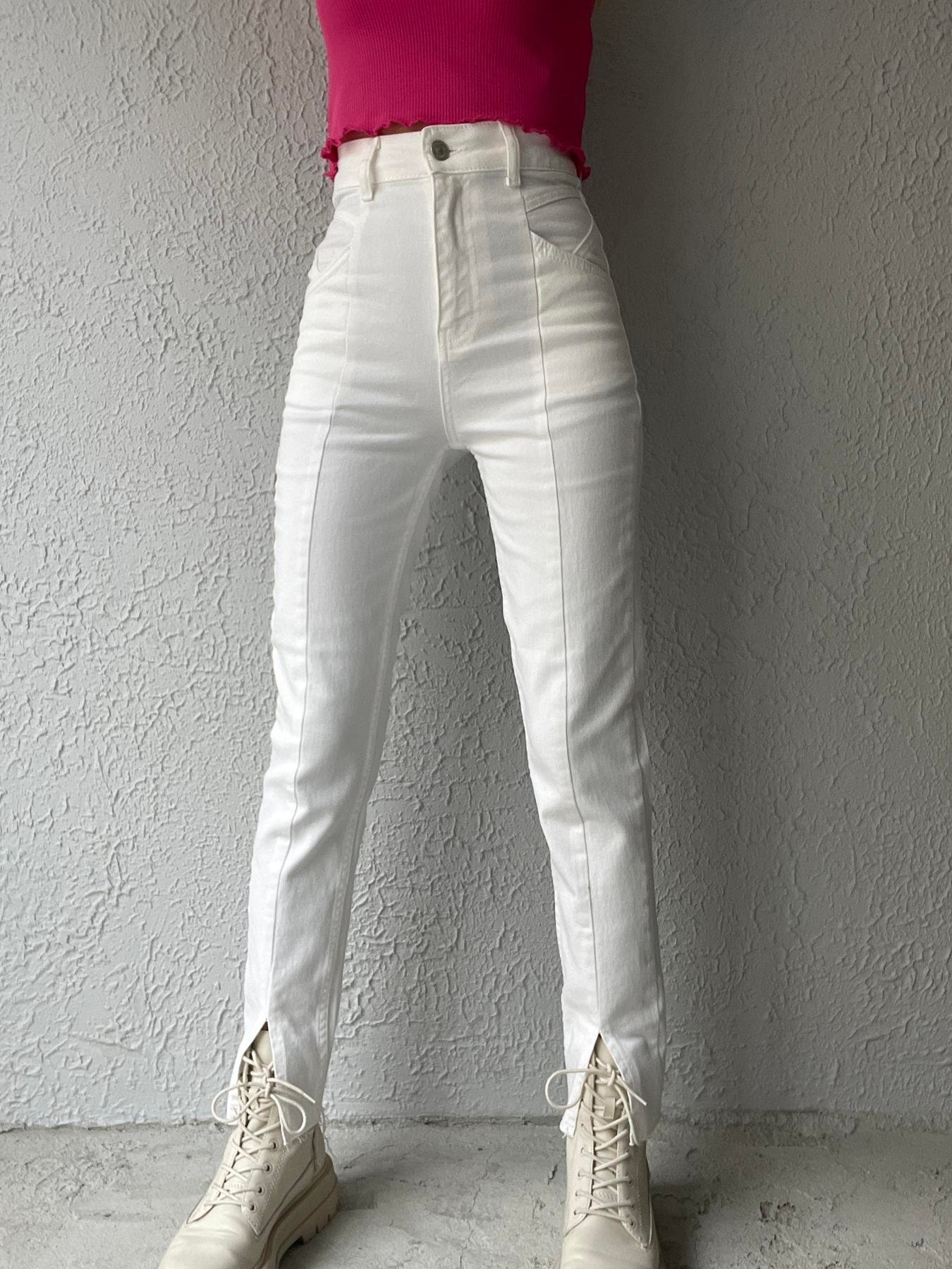 Önü Yırtmaçlı Likra Pantolon BEYAZ