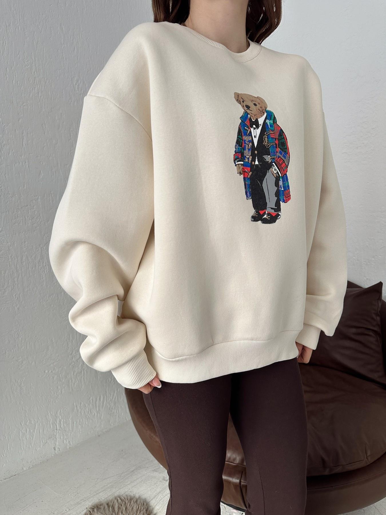 Oversize Bisiklet Yaka Ayıcıklı Sweat KREM