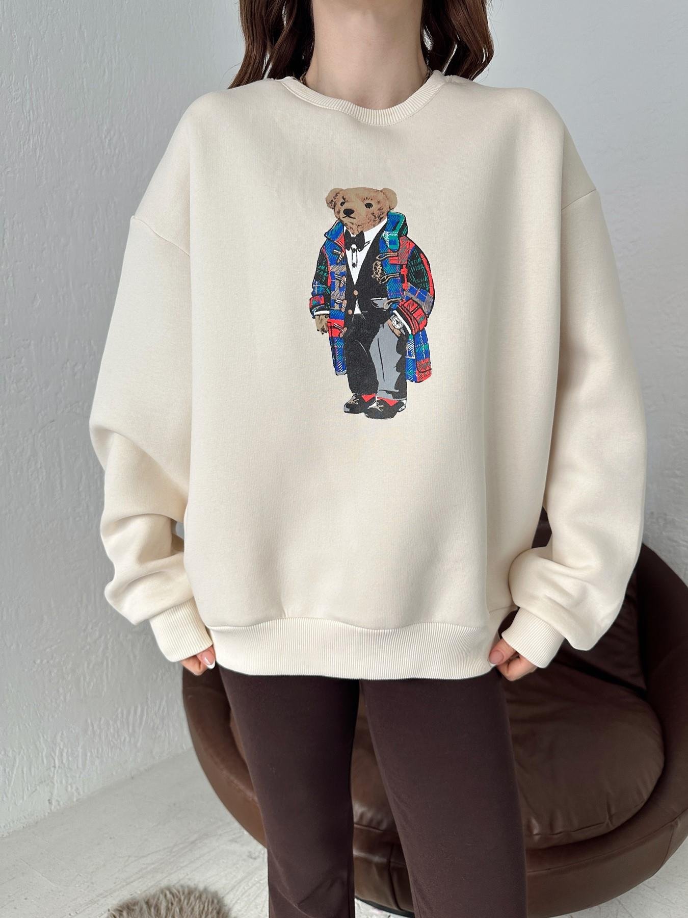 Oversize Bisiklet Yaka Ayıcıklı Sweat KREM