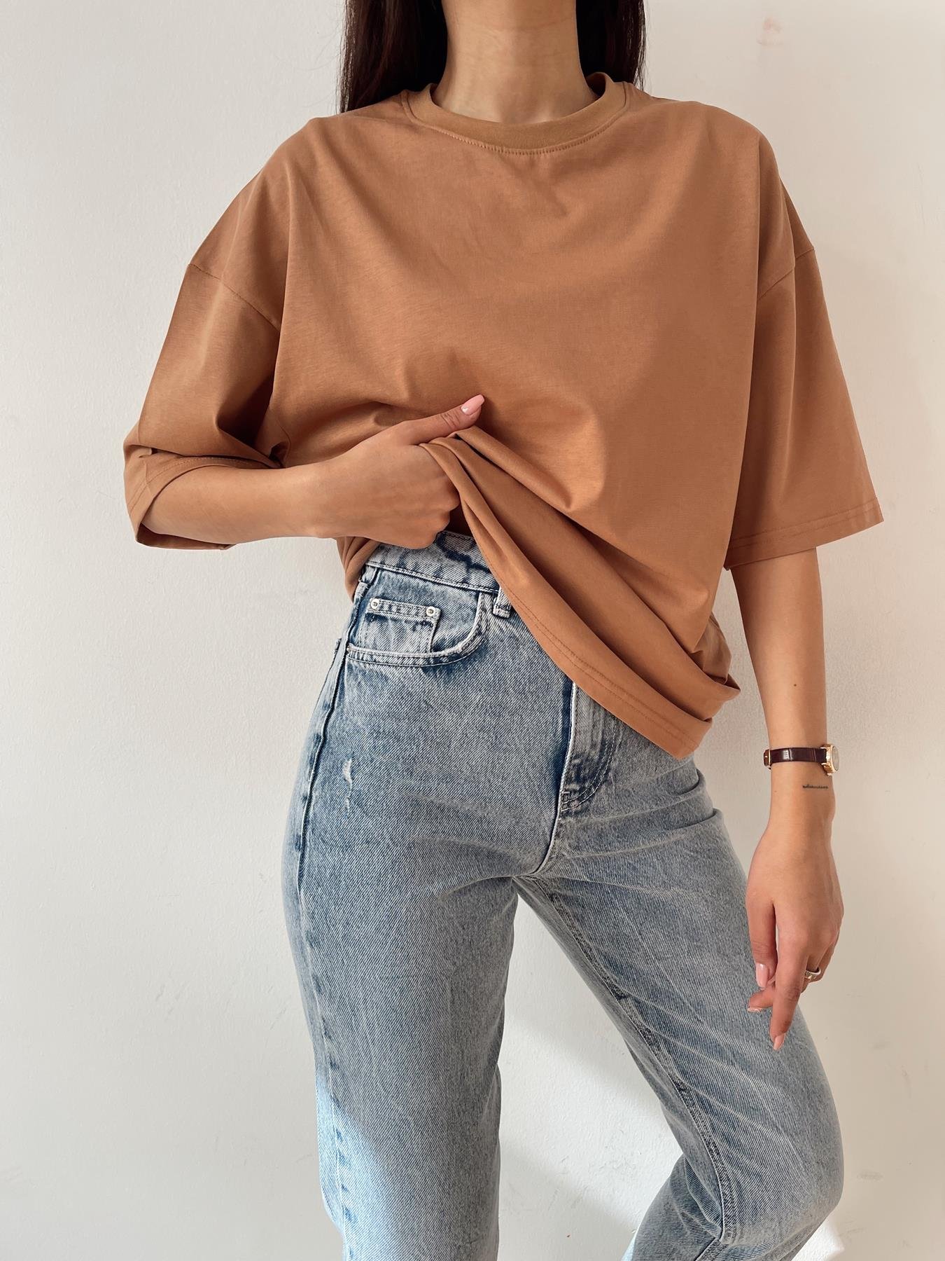 Oversize Bisiklet Yaka Basic Tişört CAMEL