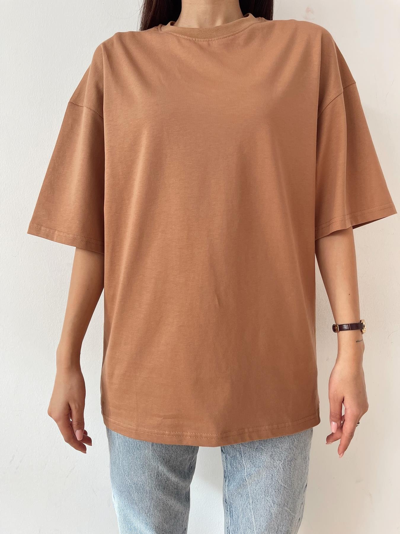 Oversize Bisiklet Yaka Basic Tişört CAMEL
