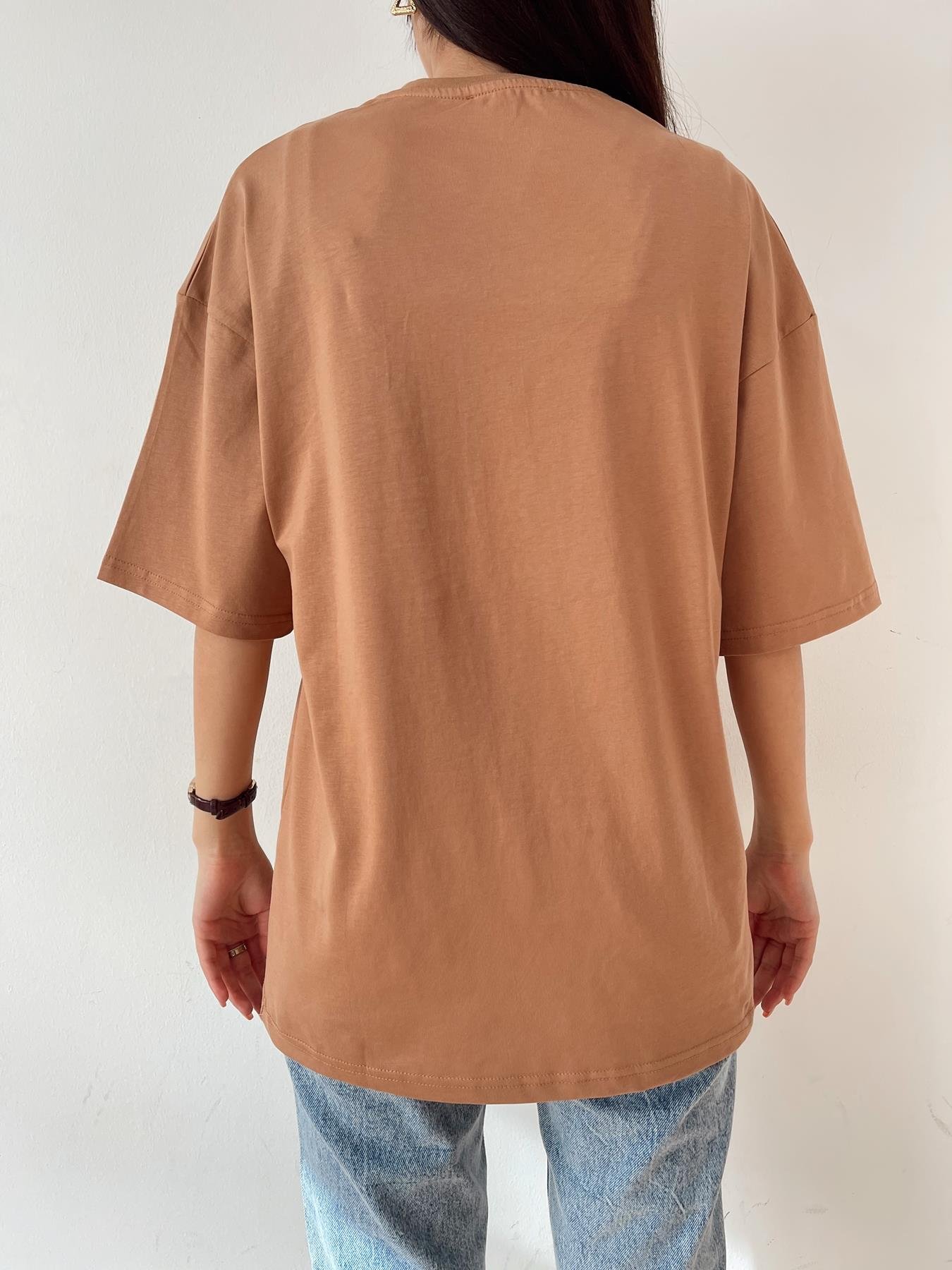 Oversize Bisiklet Yaka Basic Tişört CAMEL