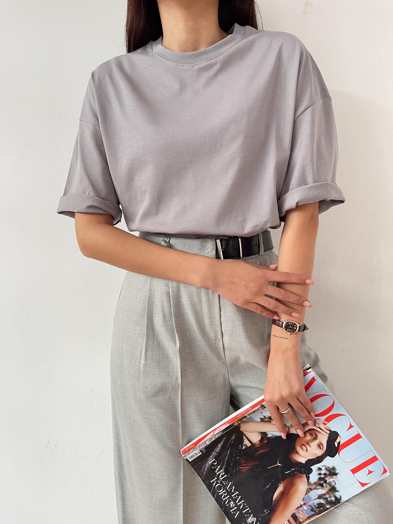 Oversize Bisiklet Yaka Basic Tişört GRİ