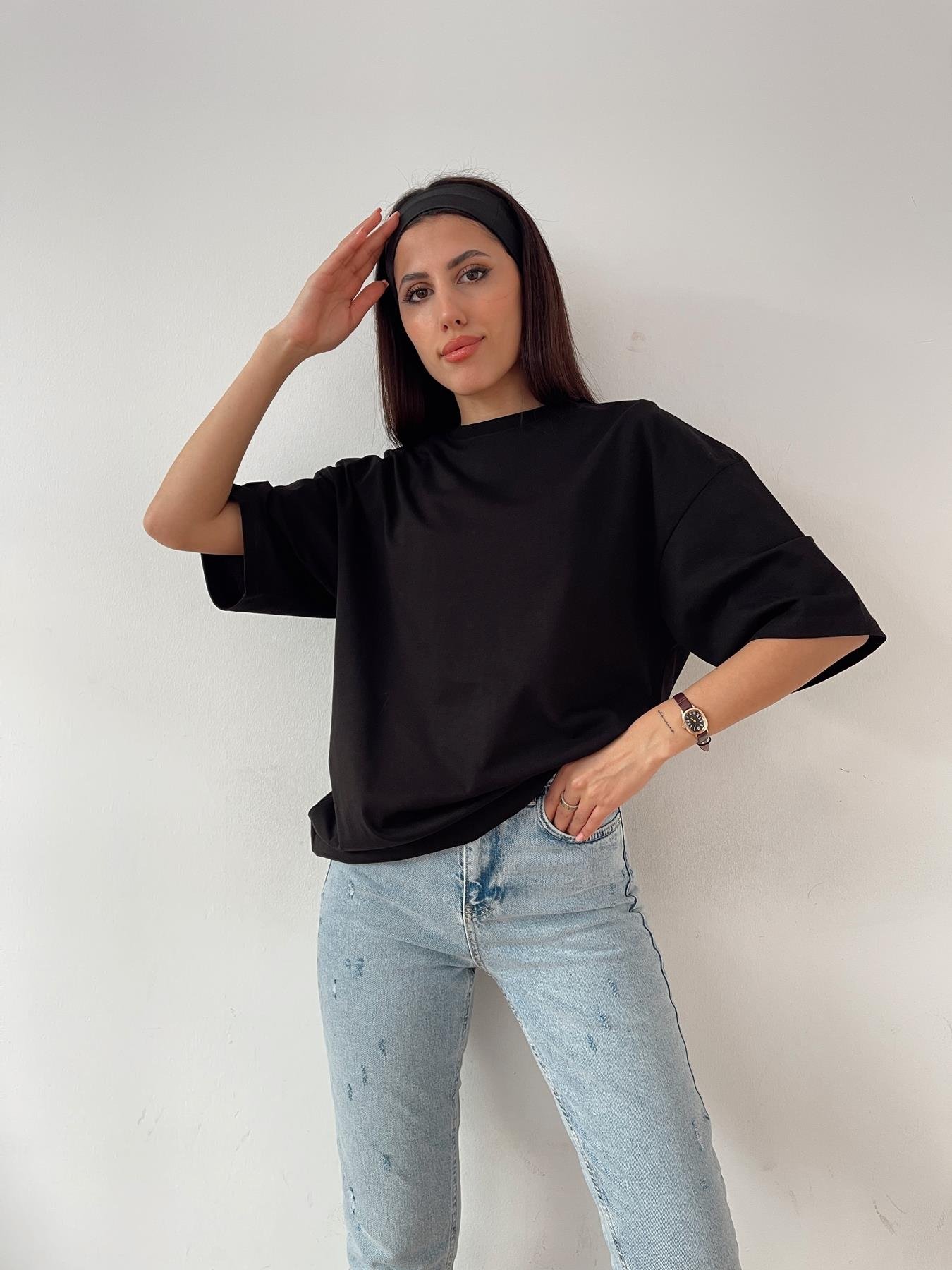 Oversize Bisiklet Yaka Basic Tişört SİYAH