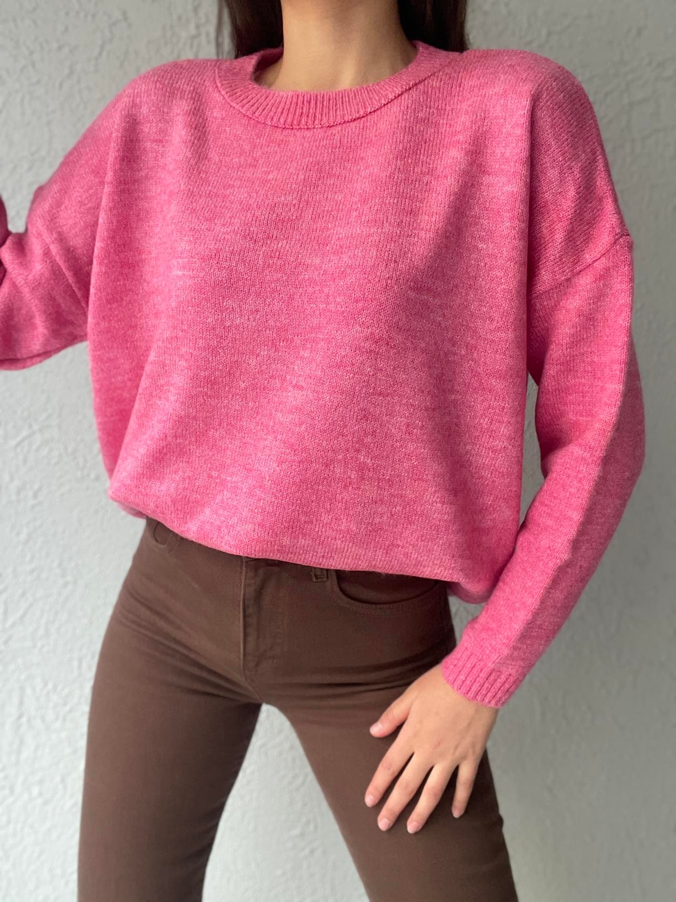 Oversize Bisiklet Yaka Şardonlu Kazak PEMBE