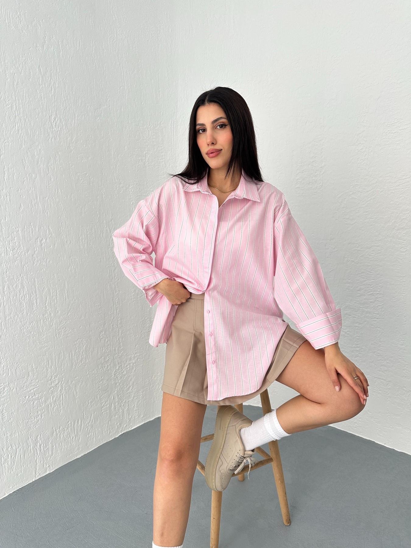 Oversize Çizgili Cepsiz Gömlek Pembe