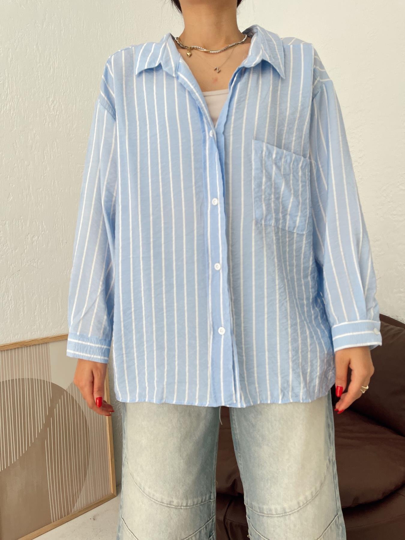 Oversize Çizgili Gömlek MAVİ