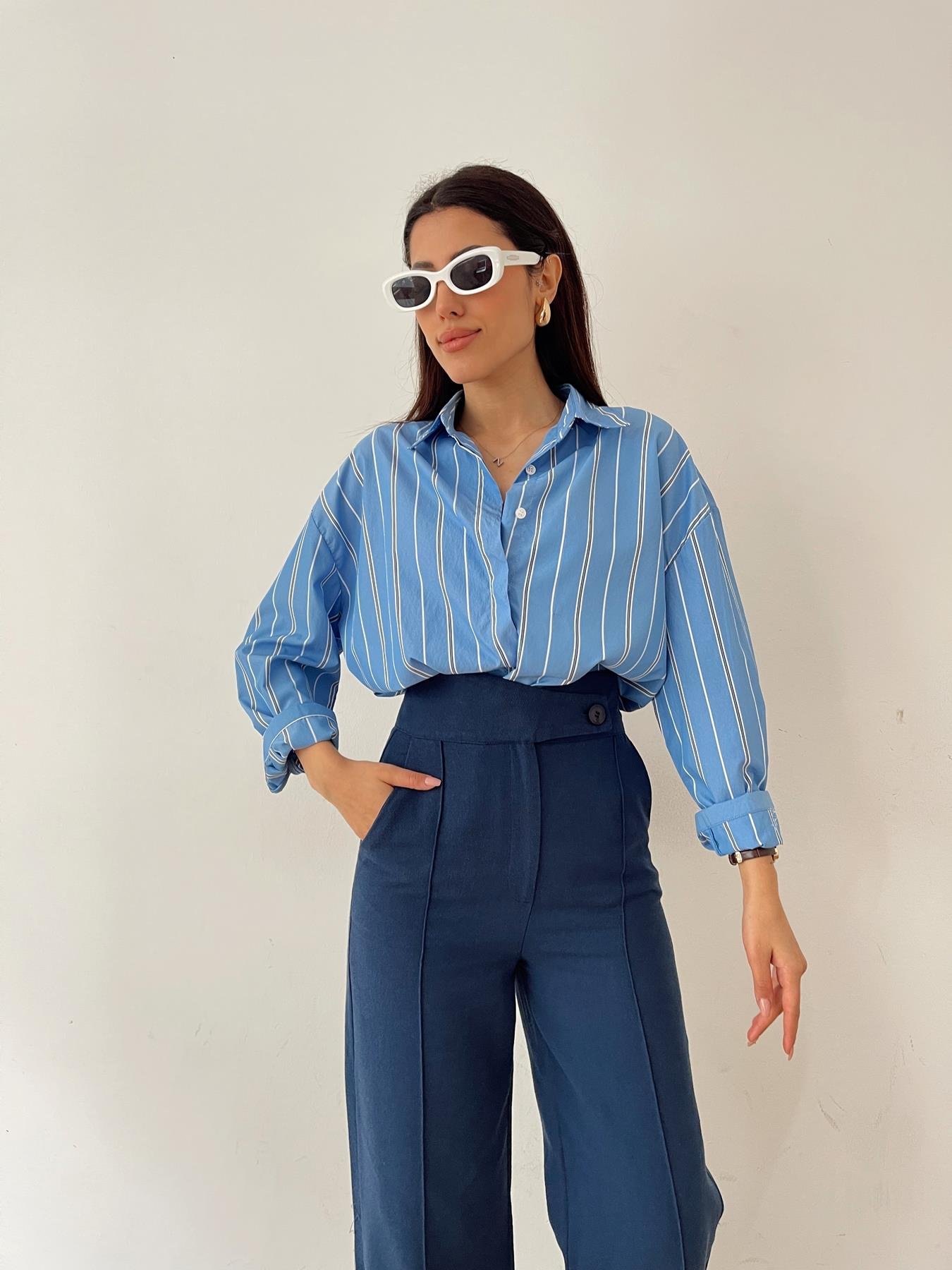 Oversize Çizgili Gömlek MAVİ