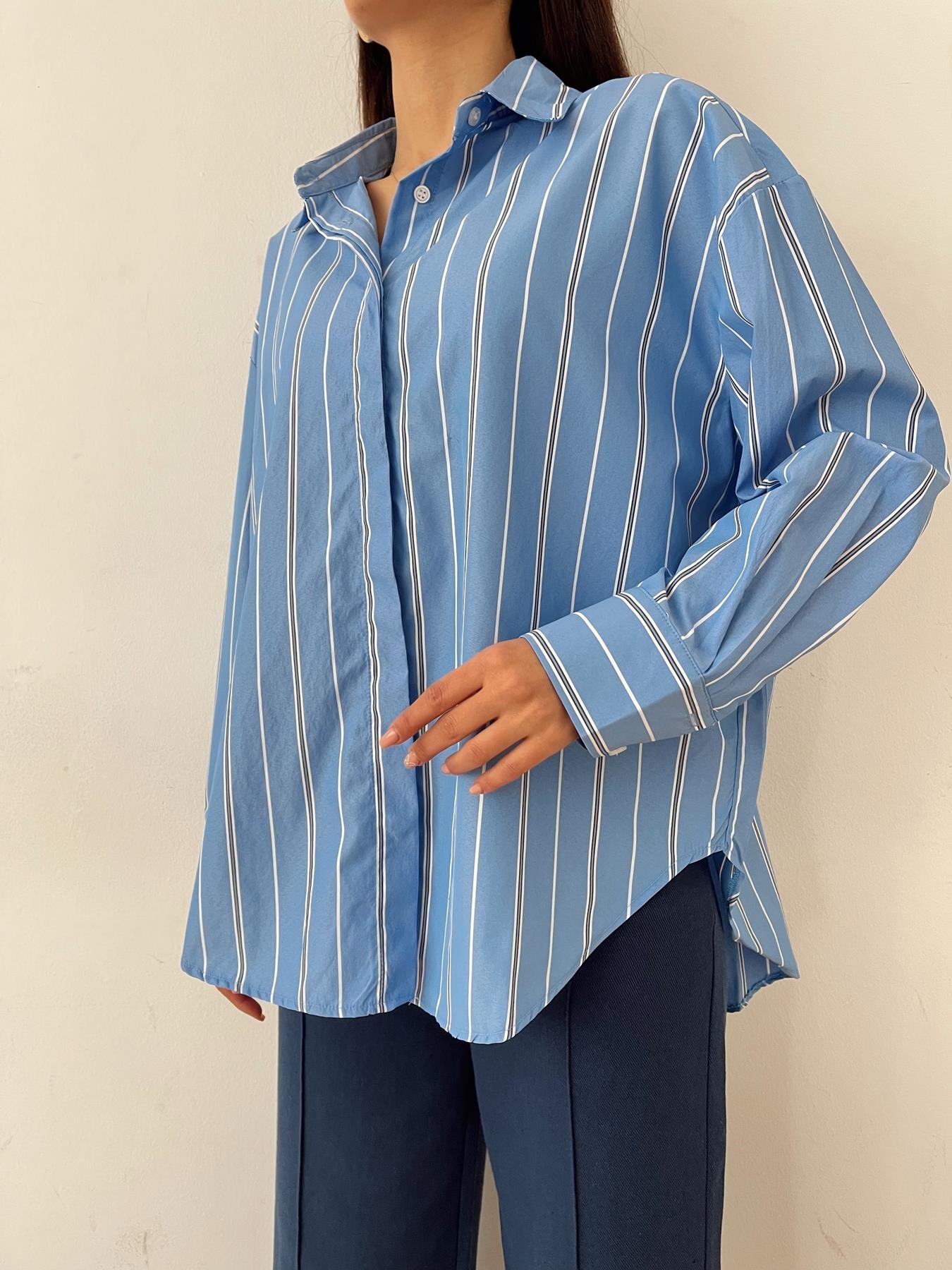 Oversize Çizgili Gömlek MAVİ