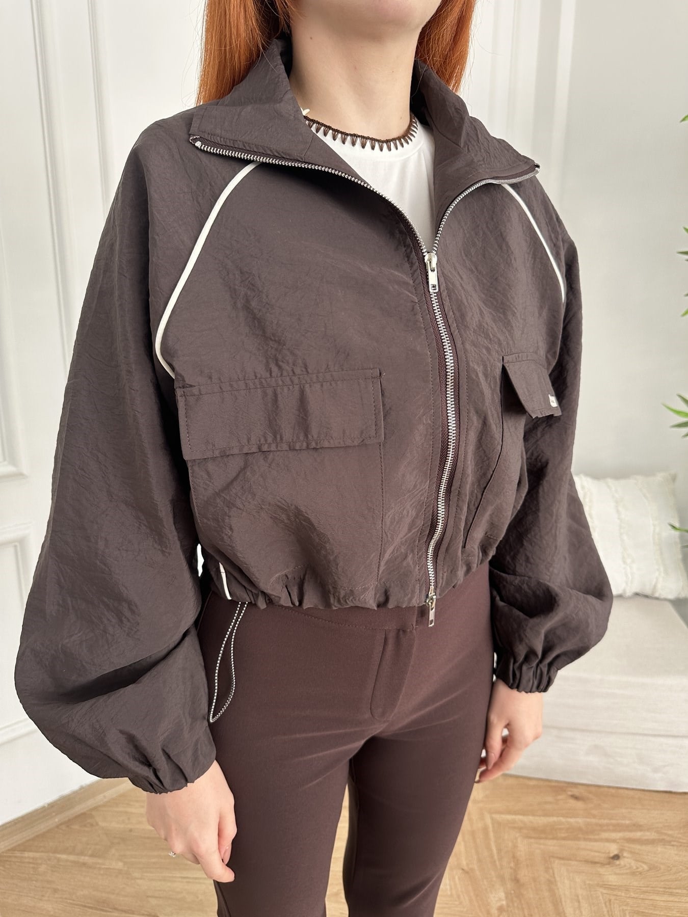 Oversize Crop Paraşüt Ceket Kahve