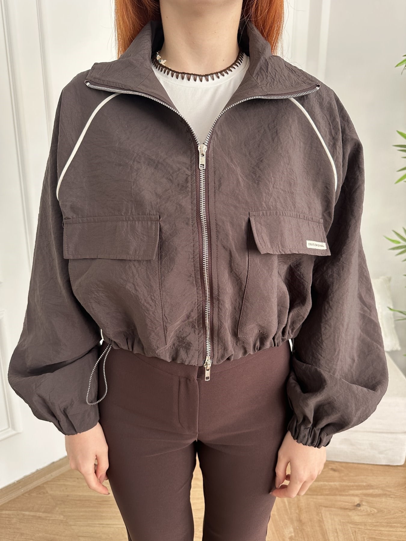 Oversize Crop Paraşüt Ceket Kahve