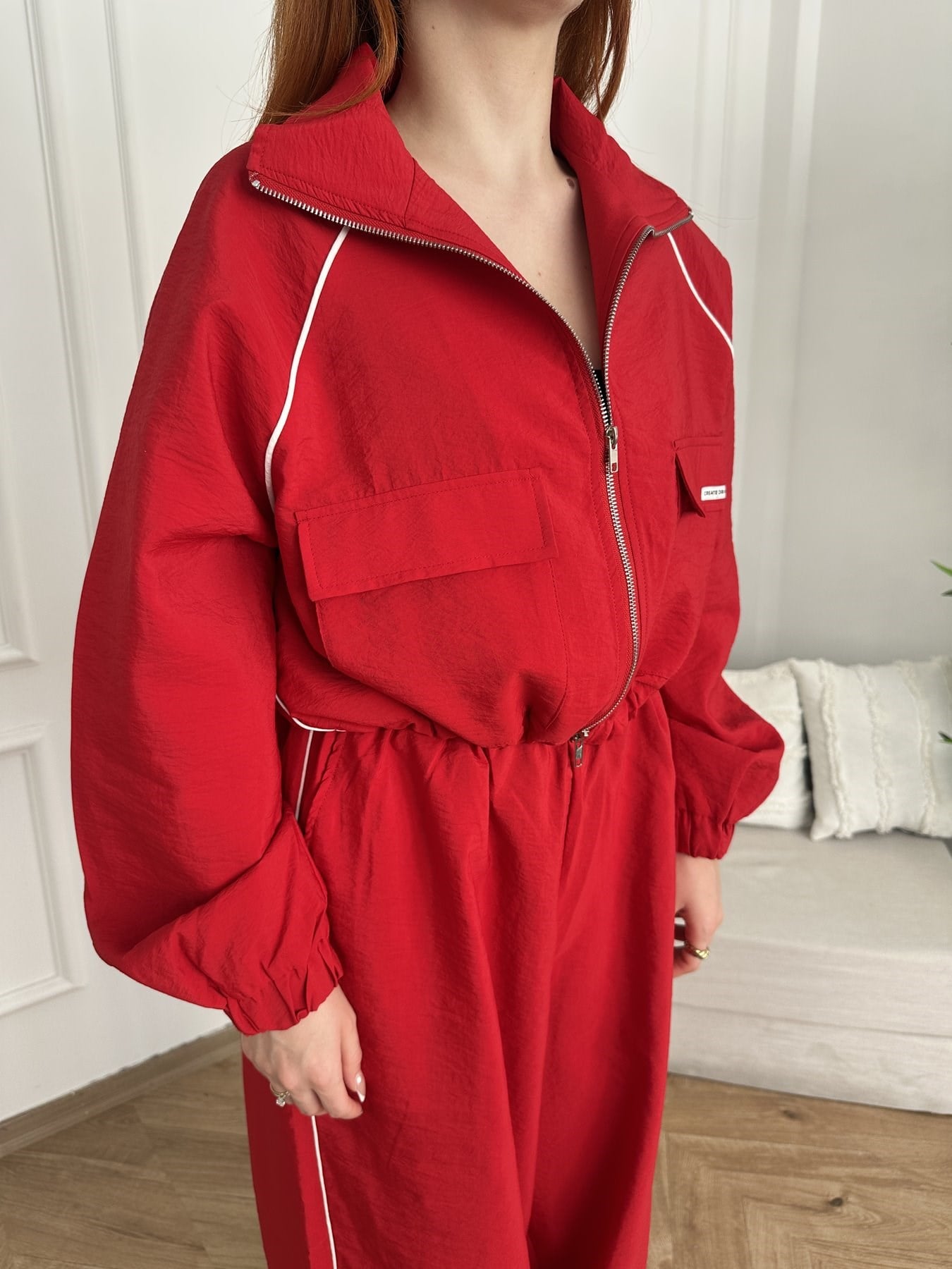 Oversize Crop Paraşüt Ceket Kırmızı