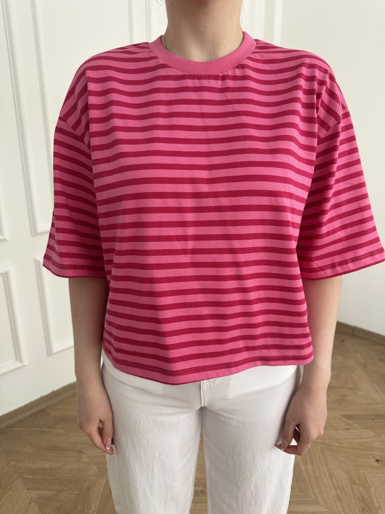 Oversize Fit Çizgili T-shirt Pembe-fuşya