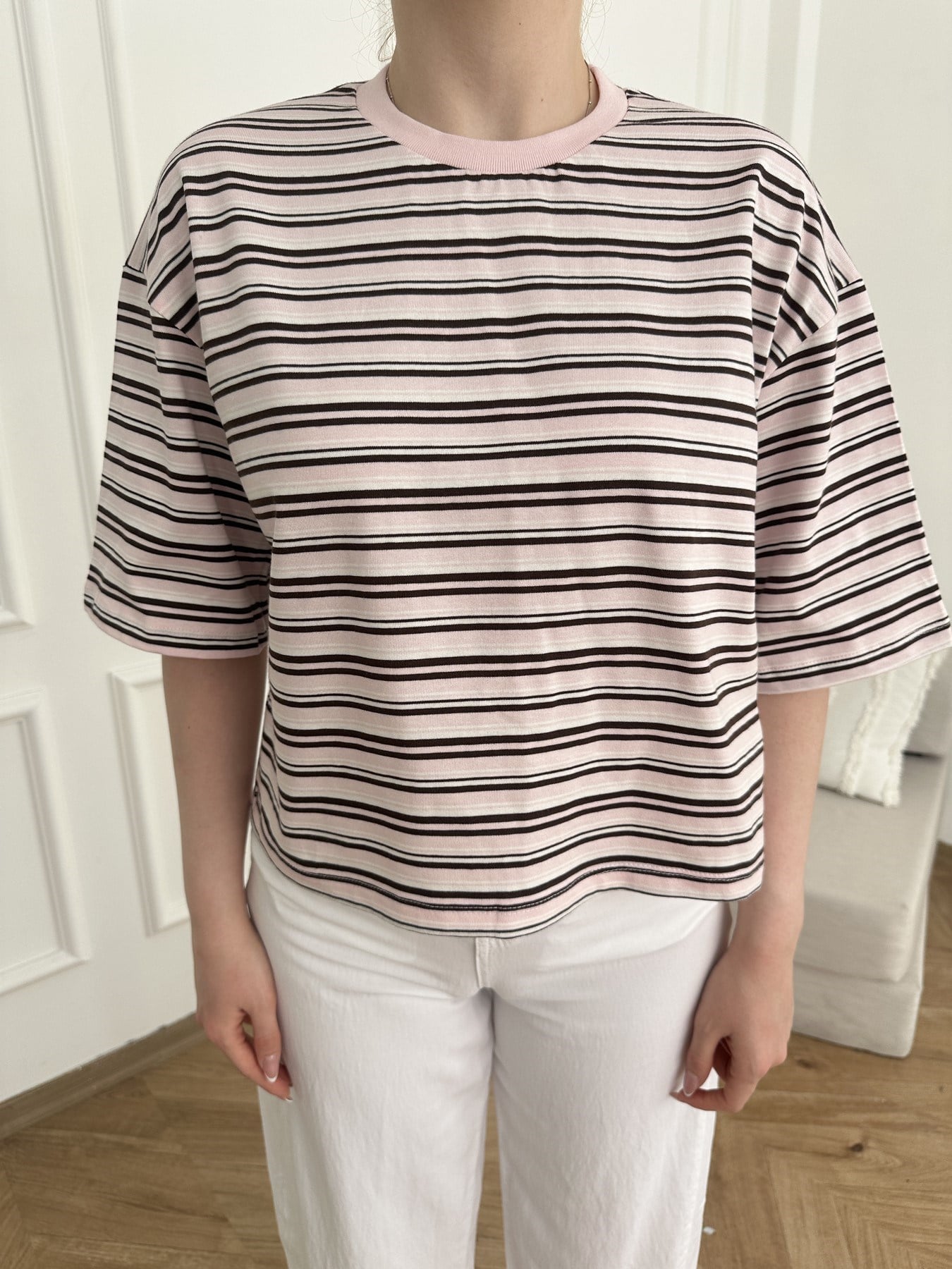 Oversize Fit Çizgili T-shirt Pembe-kahve