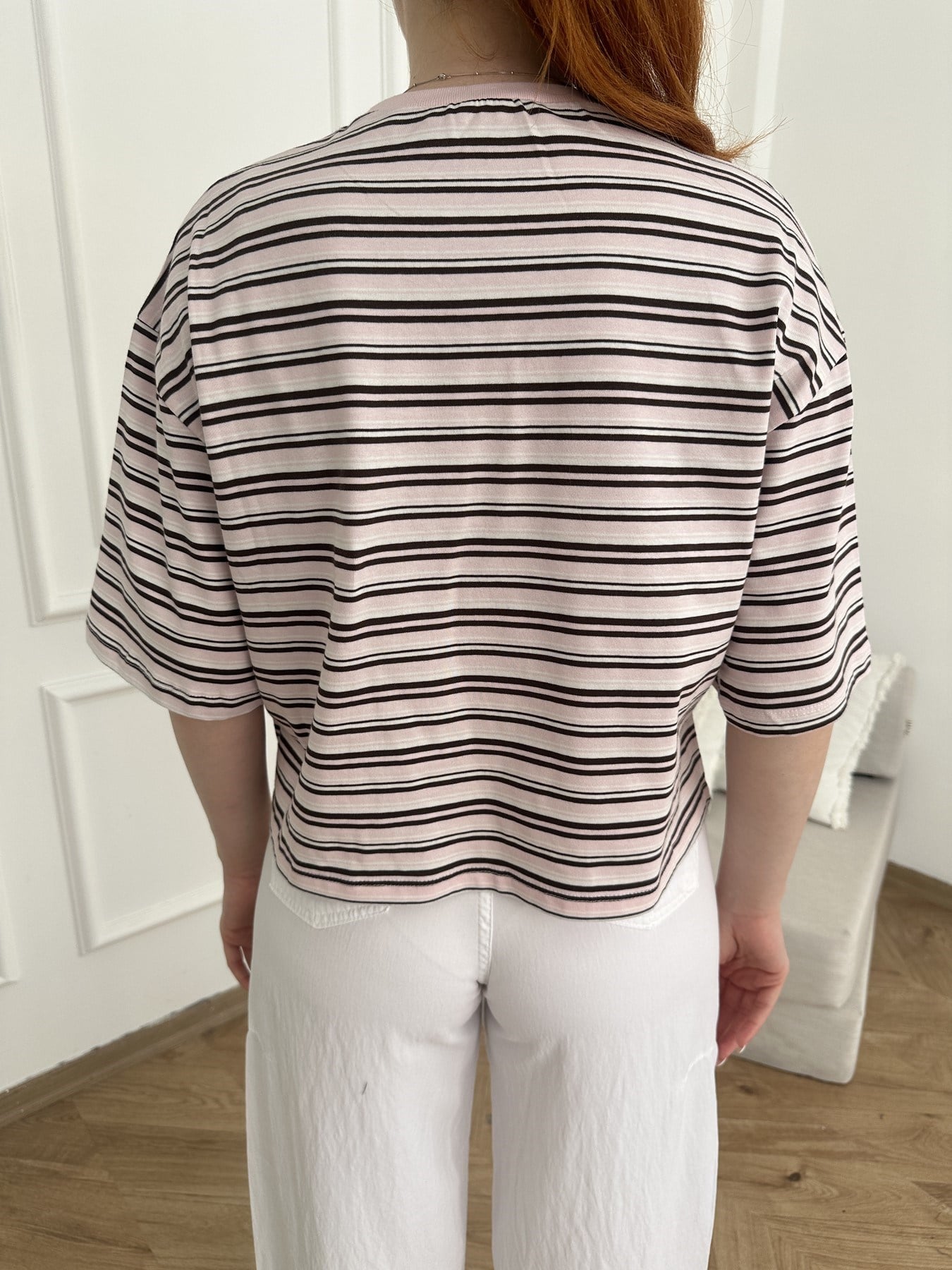Oversize Fit Çizgili T-shirt Pembe-kahve