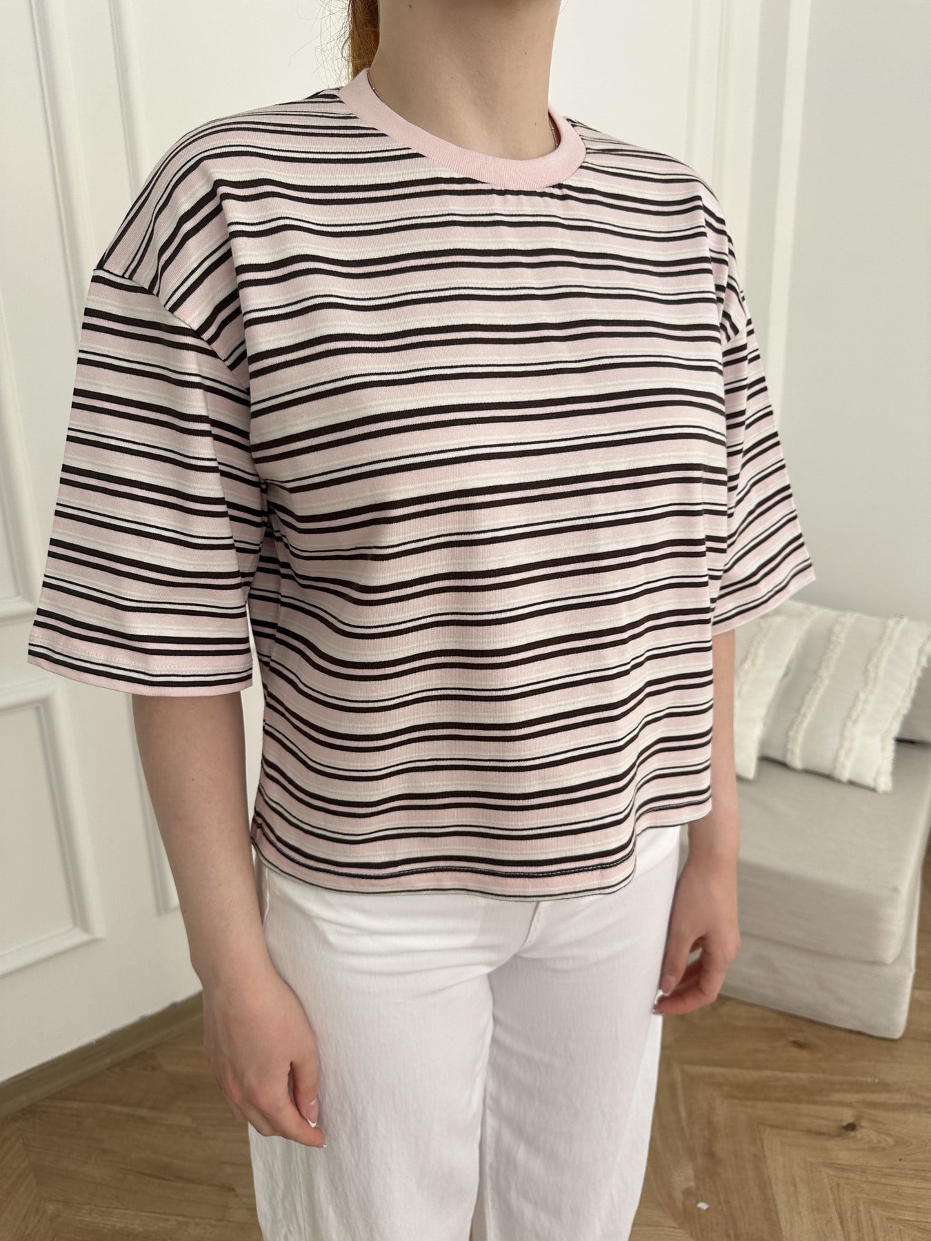 Oversize Fit Çizgili T-shirt Pembe-kahve