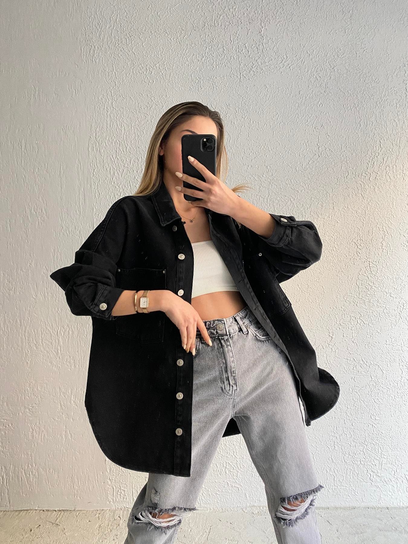 Oversize Jean Gömlek SİYAH