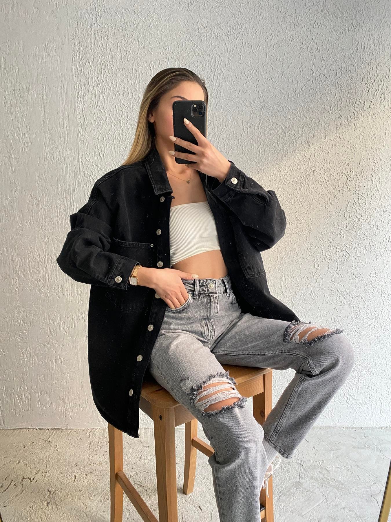 Oversize Jean Gömlek SİYAH