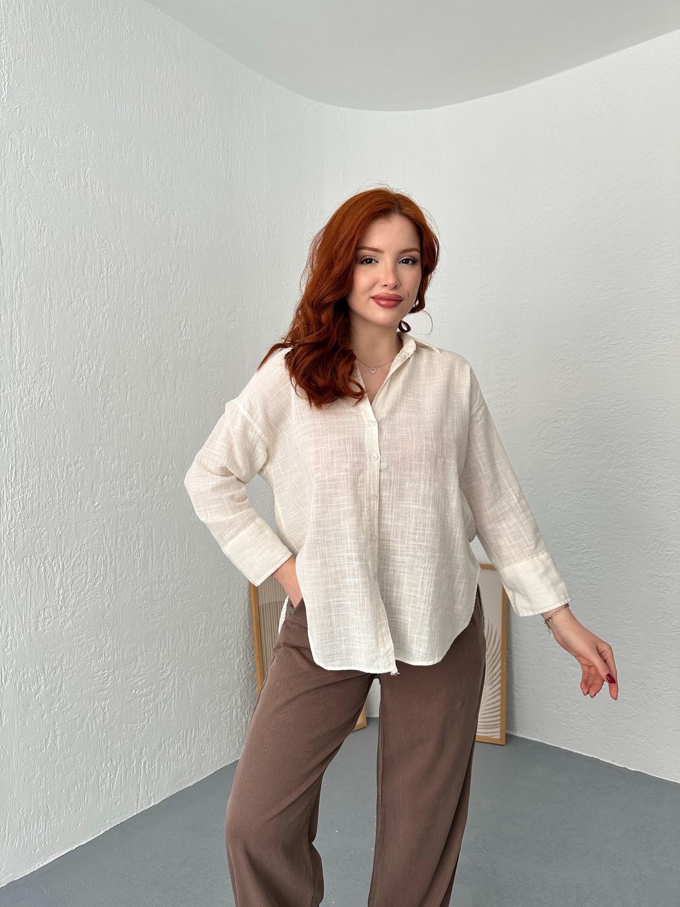 Oversize Keten Gömlek Ekru