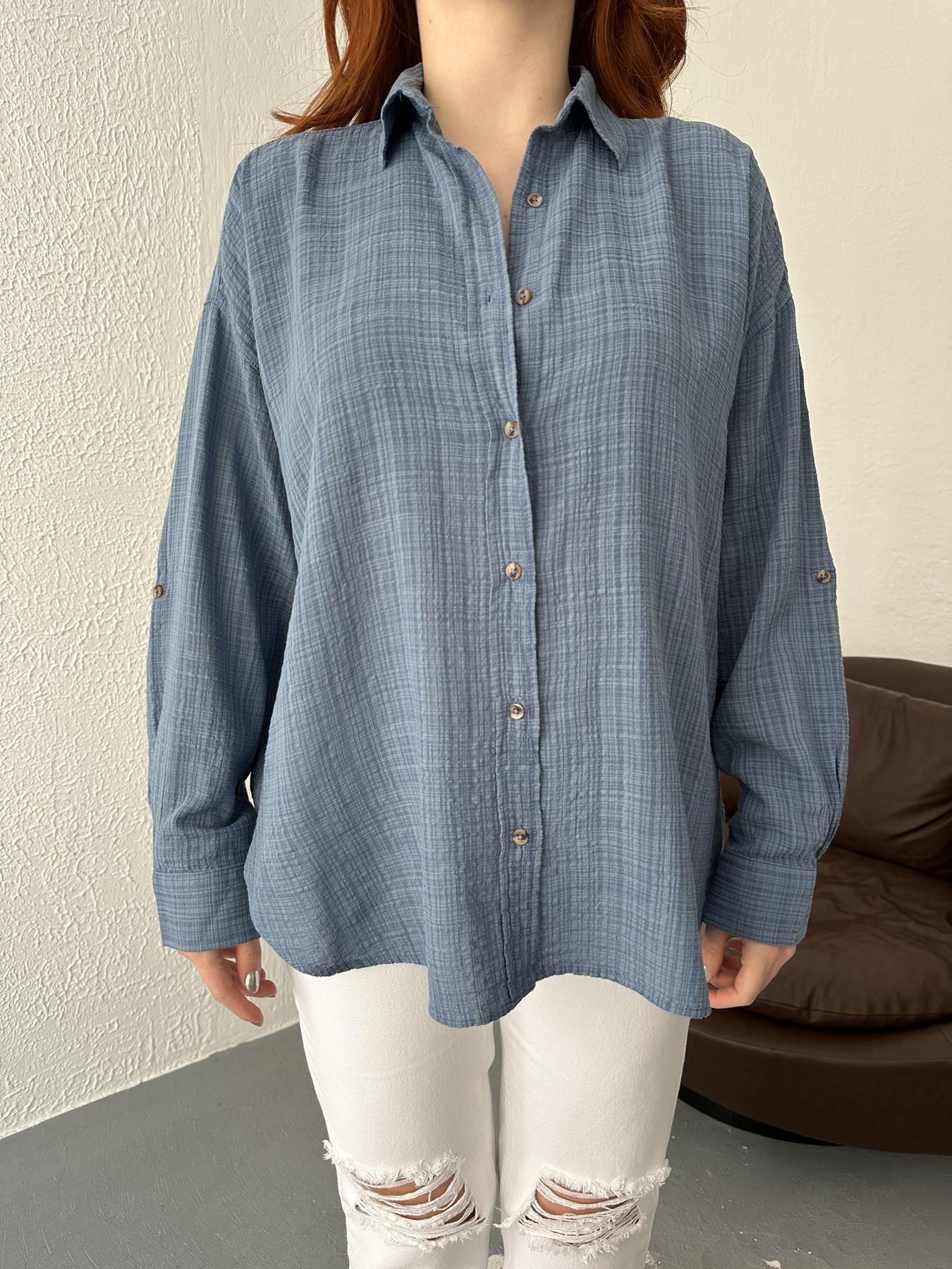 Oversize Keten Gömlek İndigo